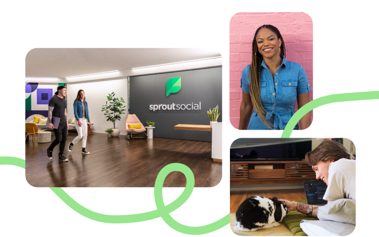 Diverse Sprout employees smiling and connecting in their various office and home work spaces.
