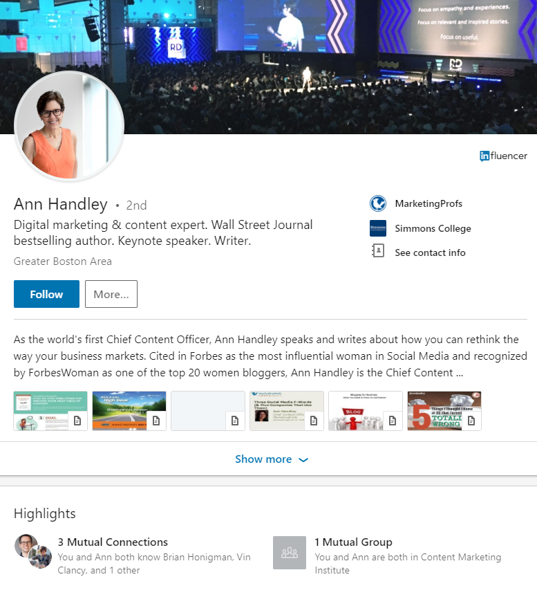 Example LinkedIn profile of Ann Hadley