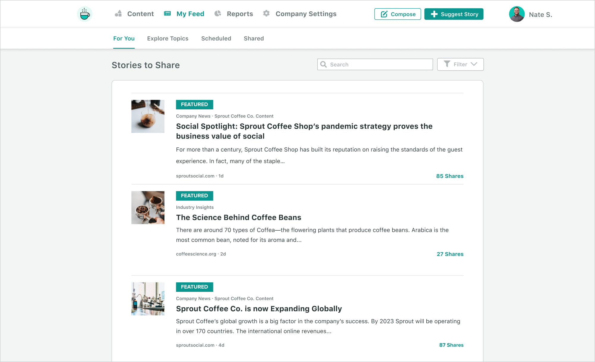 Sprout Social's Employee Advocacy solutions shows how to find and create stories to share, with inline metrics and reports available.