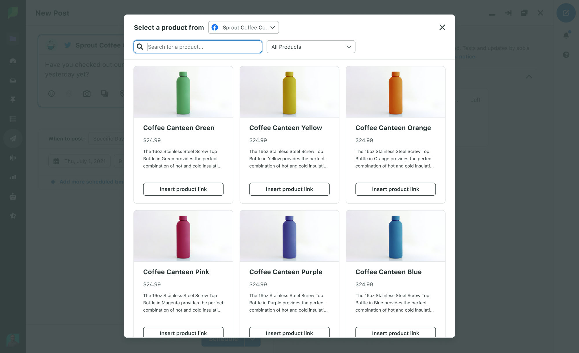 Your Facebook Shops product catalog is available in Sprout’s Compose window where you can filter, search, find product and pricing details, and insert product links directly into a new post.