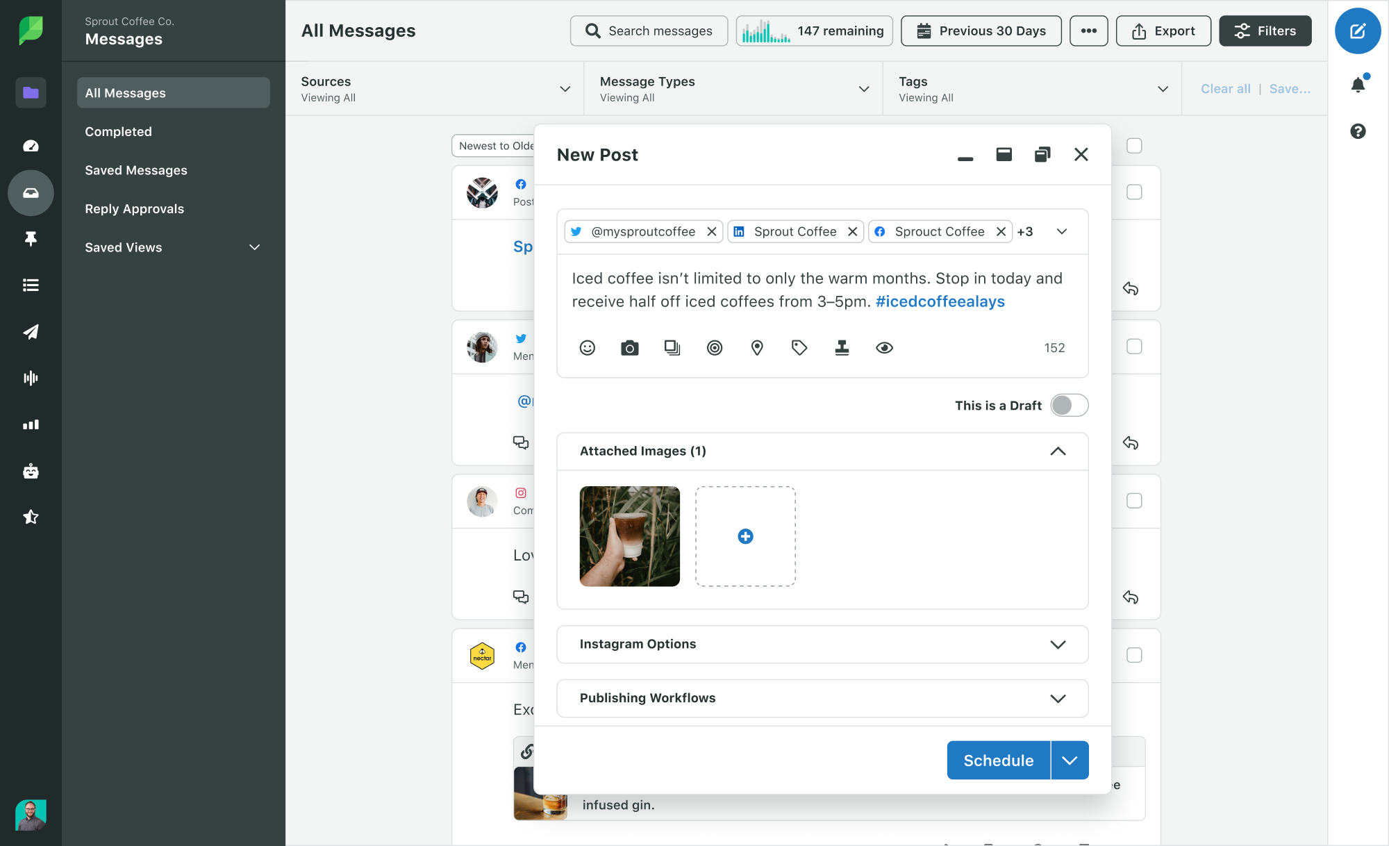 A screenshot of the Sprout Social Smart Inbox. The Compose window is open and has a post drafted to publish to the Sprout Coffee Co. Twitter, LinkedIn and Facebook profiles. 