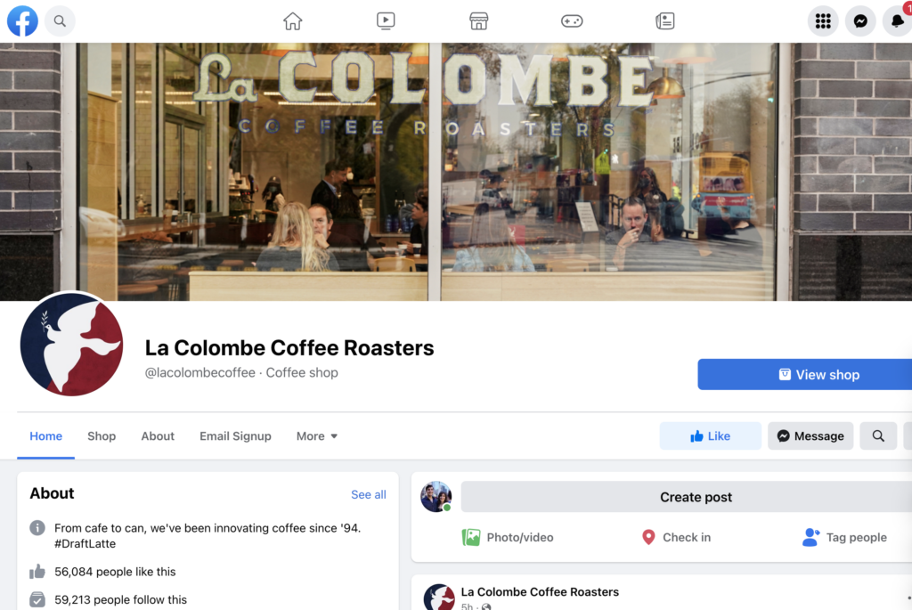 La Colombe coffee roasters Facebook page and large featured image showing the window of one of their coffee shops. 