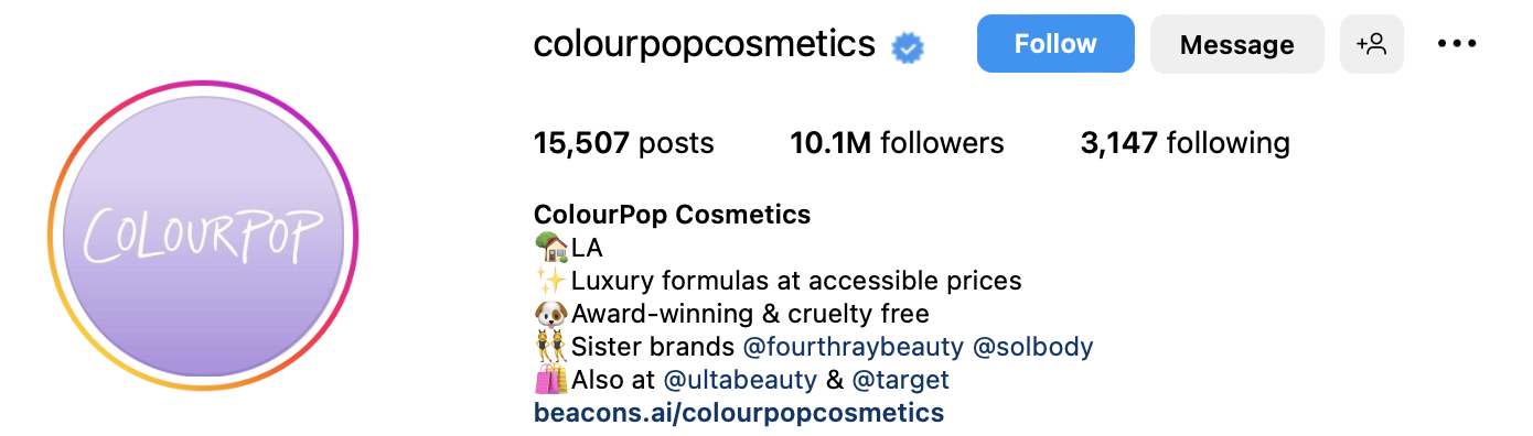 colourpop cosmetics instagram bio with a custom Beacons link