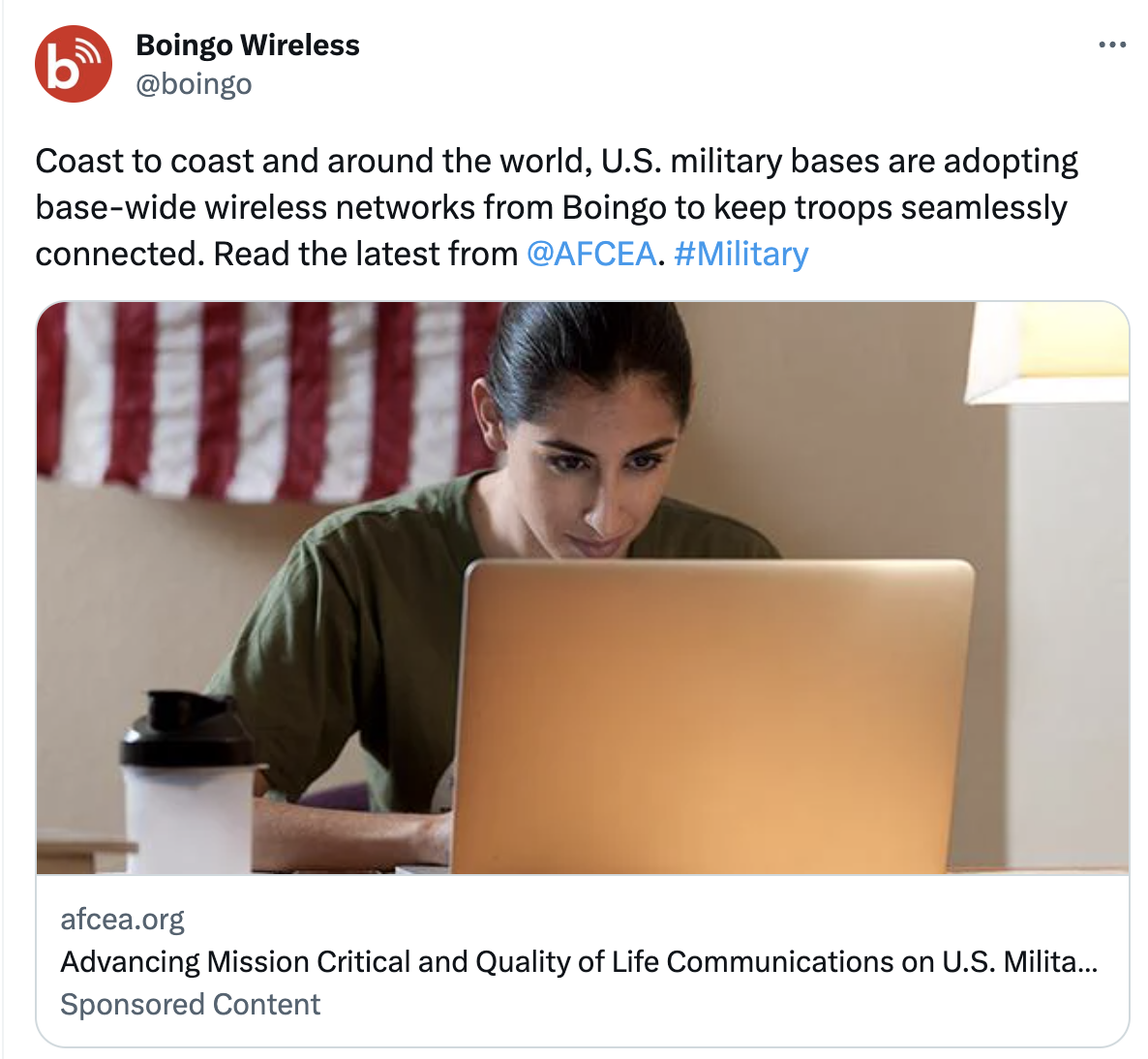 Tweet from Boingo is displayed captioned "Coast to coast and around the world, U.S. military bases are adopting base-wide wireless networks from Boingo to keep troops seamlessly connected. Read the lates from @AFCEA #Military"