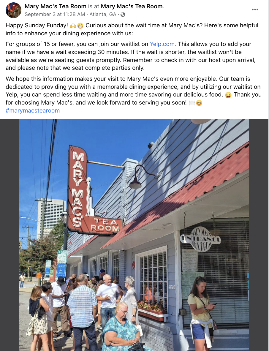 Mary Mac's Tea Room Facebook post featuring a photo of the line outside of the restaurant. The caption encourages groups of 15 or less to join their waitlist on Yelp.com for a better seating experience.