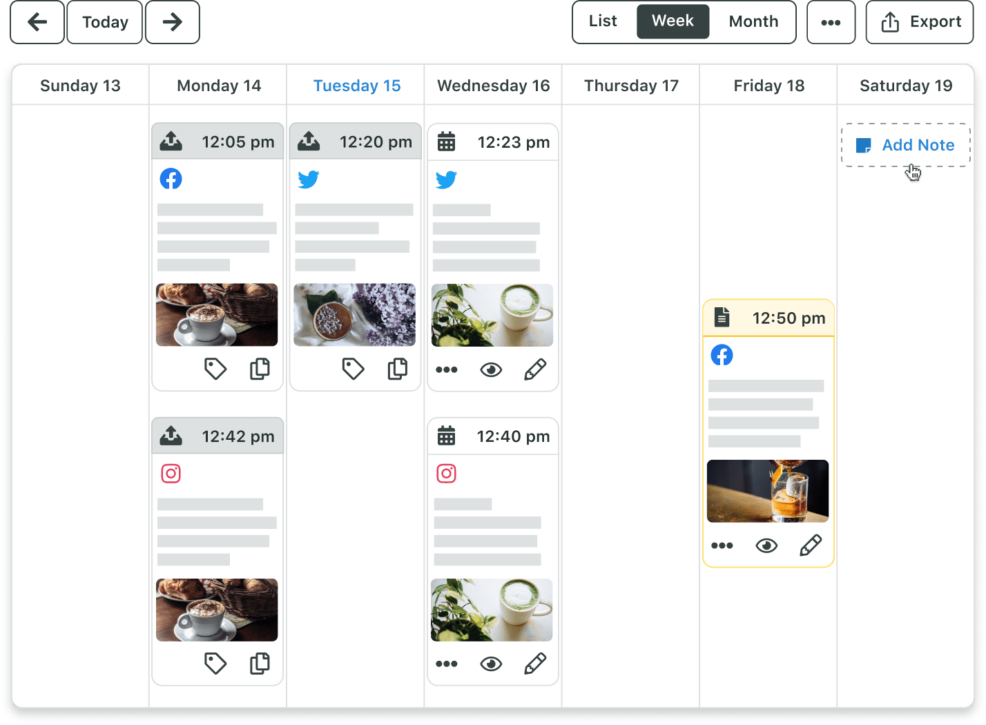 Sprout’s publishing calendar week view shows an overview of all your scheduled posts with options to view, tag and edit content.